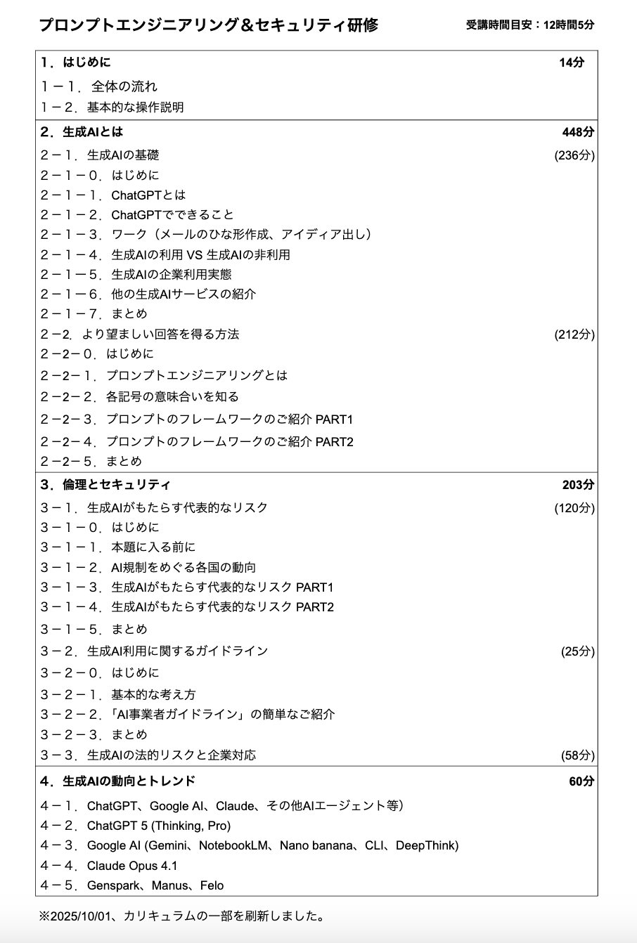 プロンプトエンジニアリング＆セキュリティ研修のカリキュラム